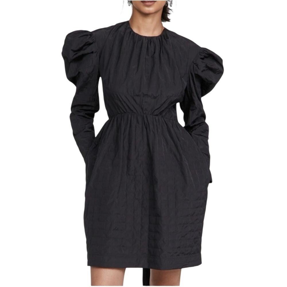 NWT Brogger Lykke Long Puff Sleeve Black Crinkled Mini Dress LARGE